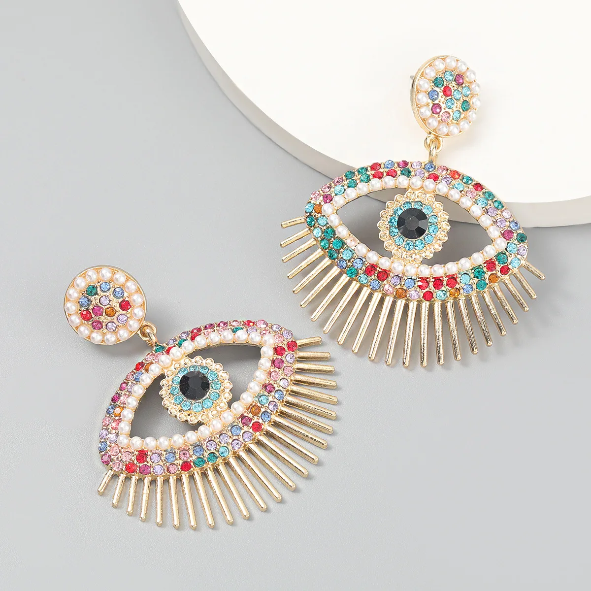 

Women's Fashion Colorful Zircon Crystal Rhinestones Pearl Inlaid Exaggerated Eye Shape Drop Earrings Luxury Party Fancy Earring