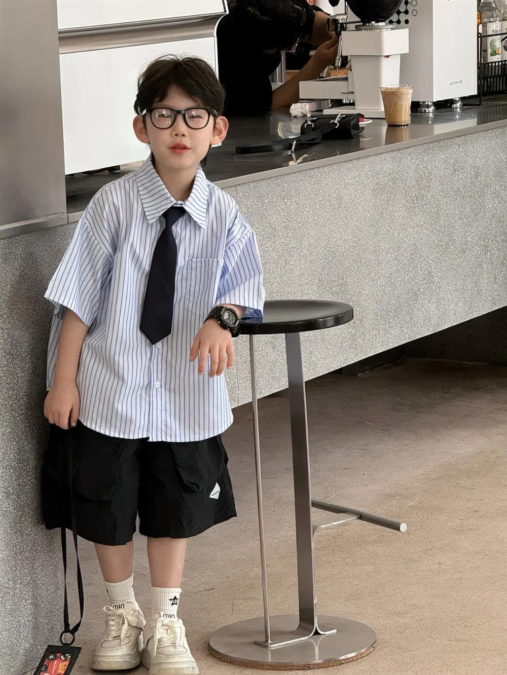 한국 프레피 스타일 스트라이프 반팔 셔츠 카고 반바지 캐주얼 세트 ( 남아용) 2026 여름
