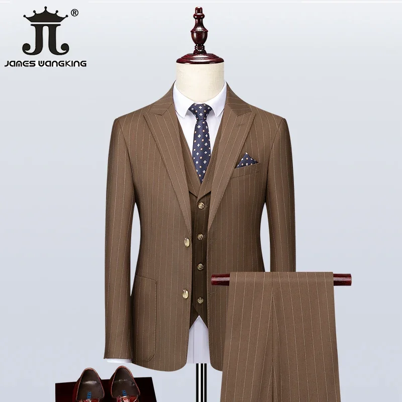 

S-5XL (Jacket + Vest + Pants) Classic Striped Business Workwear Groom Wedding Dress Korean Slim Fit Suit 3Piece Set Prom Tuxedo