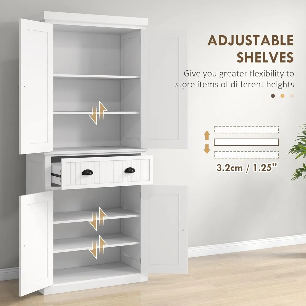 72" Kitchen Pantry Storage Cabinet, Traditional Freestanding Cupboard with 4 Doors and 3 Adjustable Shelves