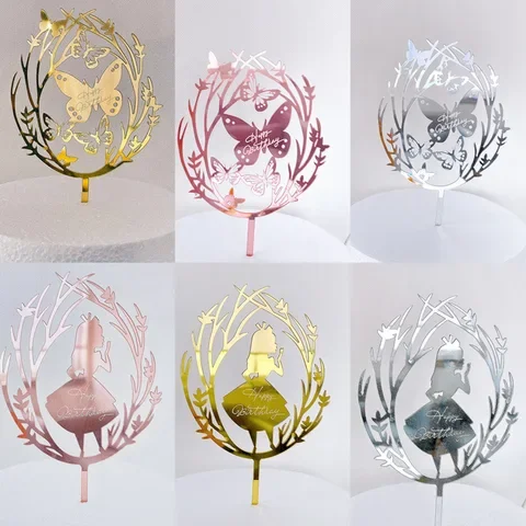 

1pc Acrylic Mirror Cake Topper Butterfly Girl Design Cupack Topper For Birthday Party Baby Shower Decor Cake Decorating Tools