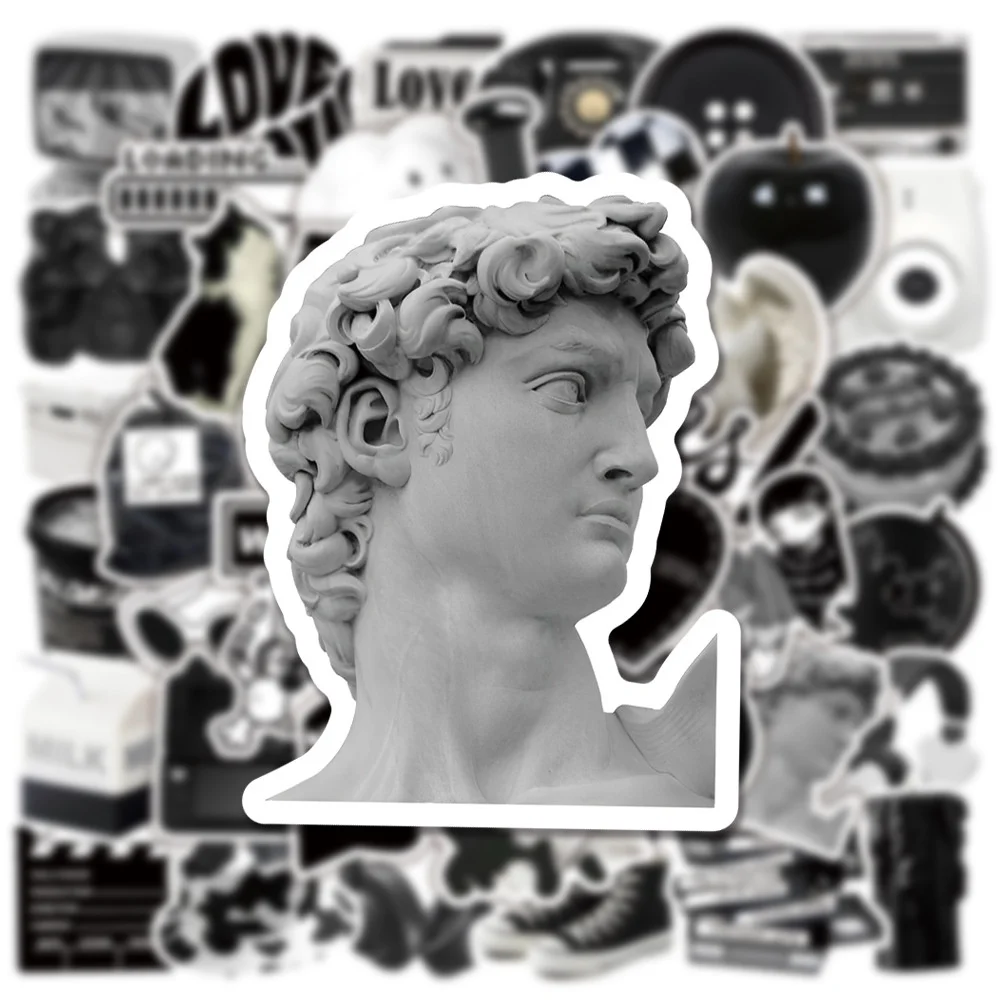 50개의 흑백 인스 스타일 그래피티 방수 스티커, 노트북 헬멧 데칼, 골든 메모리 스티커 스토어