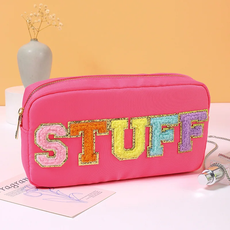 

Large Makeup Bag Zipper Pouch Waterproof Travel Toiletry Bags Print STUFF GLAM Letter Patch Cosmetic Organizer Valentines Bag