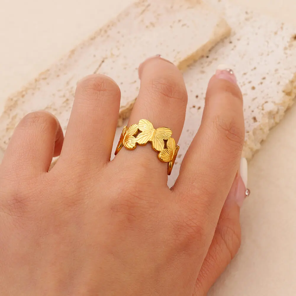 Fashion Butterfly Ring Gold Plated Stainless Steel Opening Hypoallergenic