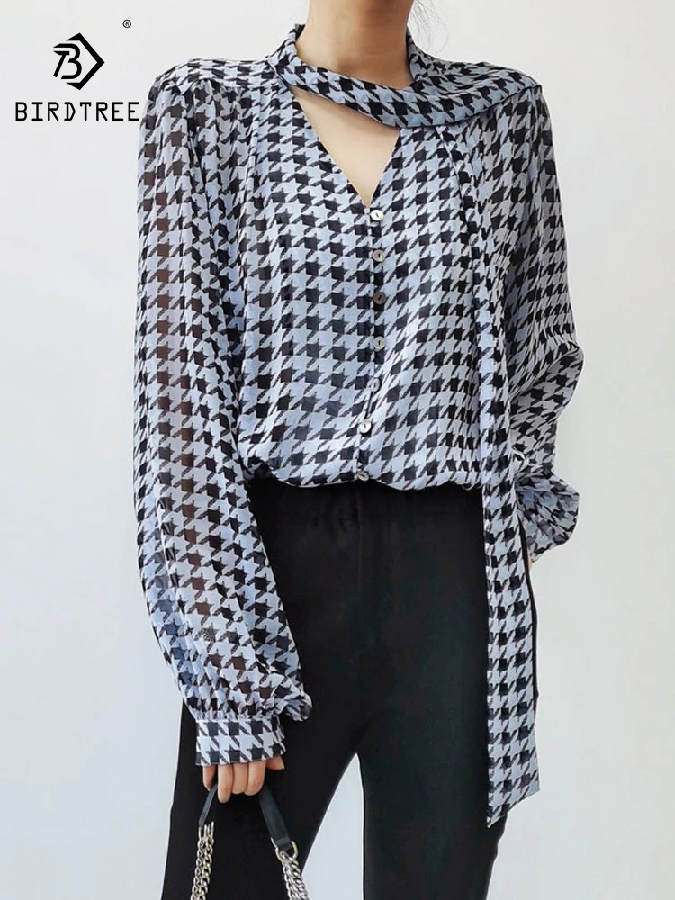 

Birdtree 100%Real Silk French Houndstooth Shirt Women's Perspective Loose Long Sleeved Large Ribbon Blouse 2024 Spring T41137QC