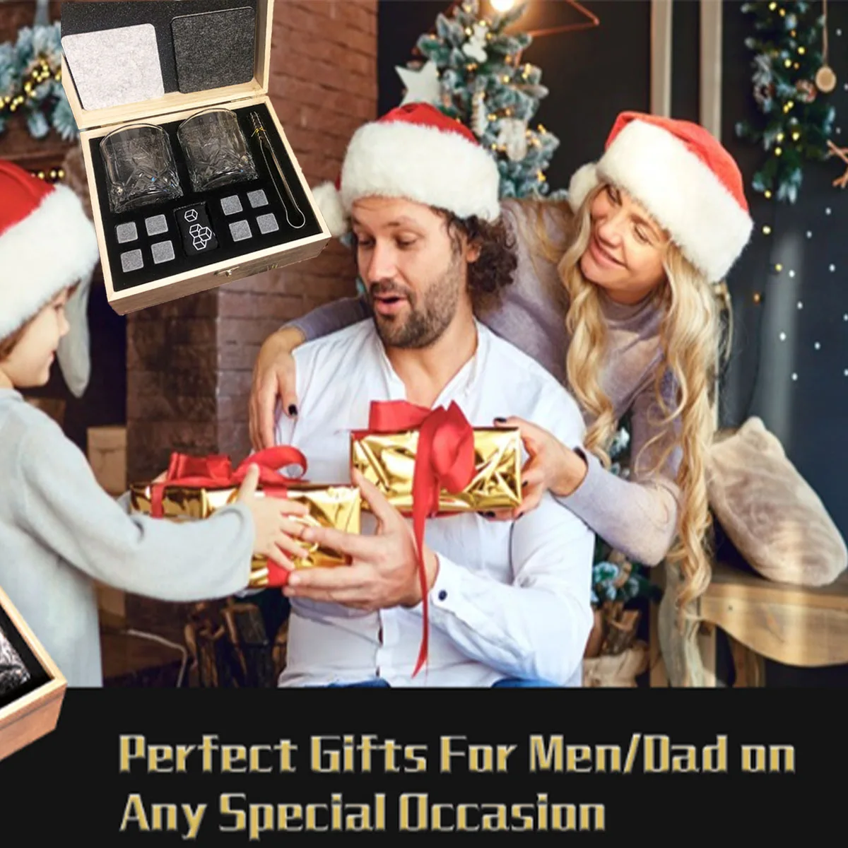 Christmas Valentine's Whiskey Gift Men Father's Present Whiskey Stones Glasses Set Whisky Wooden Box Granite Ice Cube whiskey stones set