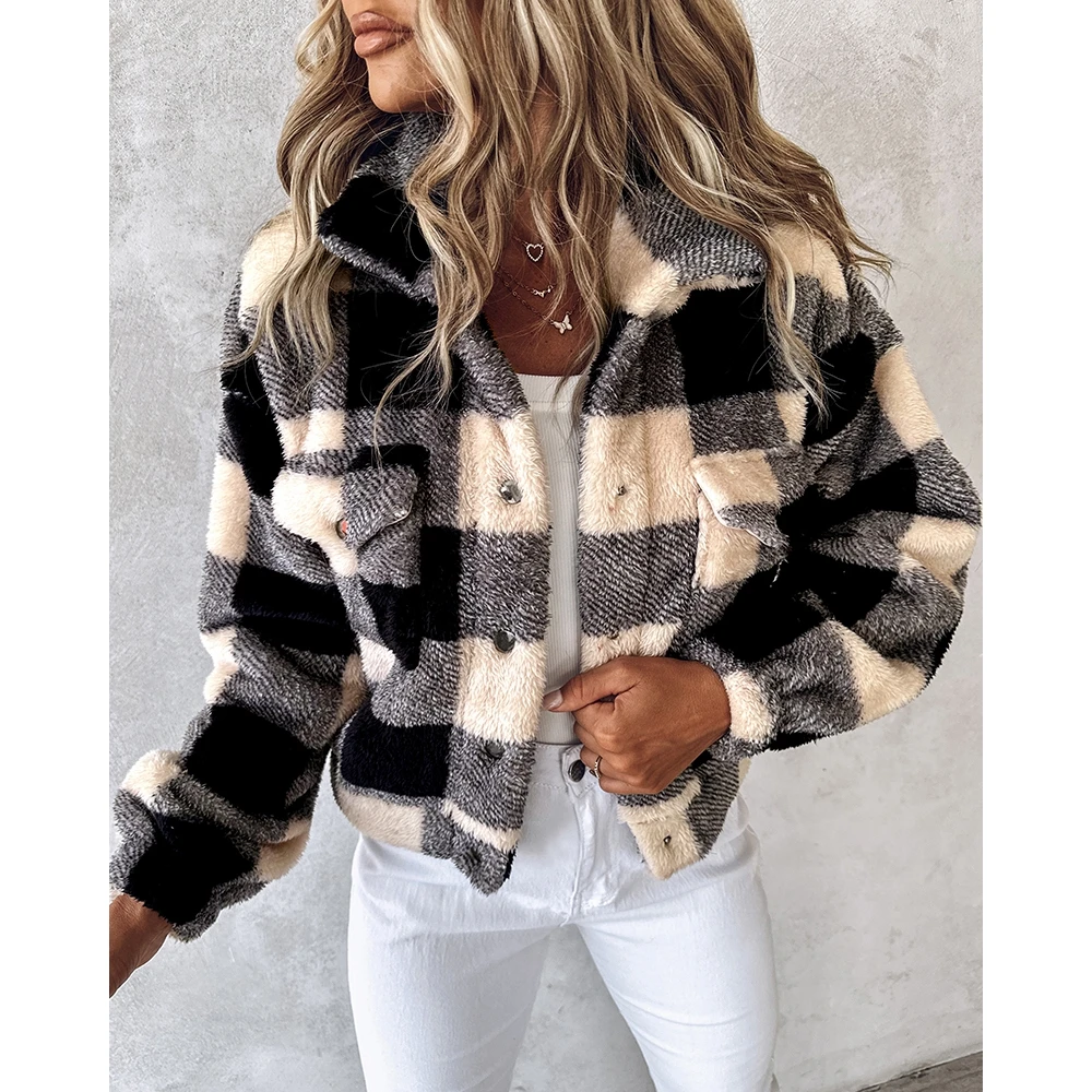 Autumn Winter Casual Women Plaid Print Colorblock Fleece Teddy Long Sleeve Coat Femme Pocket Design Turn-down Collar Jackets