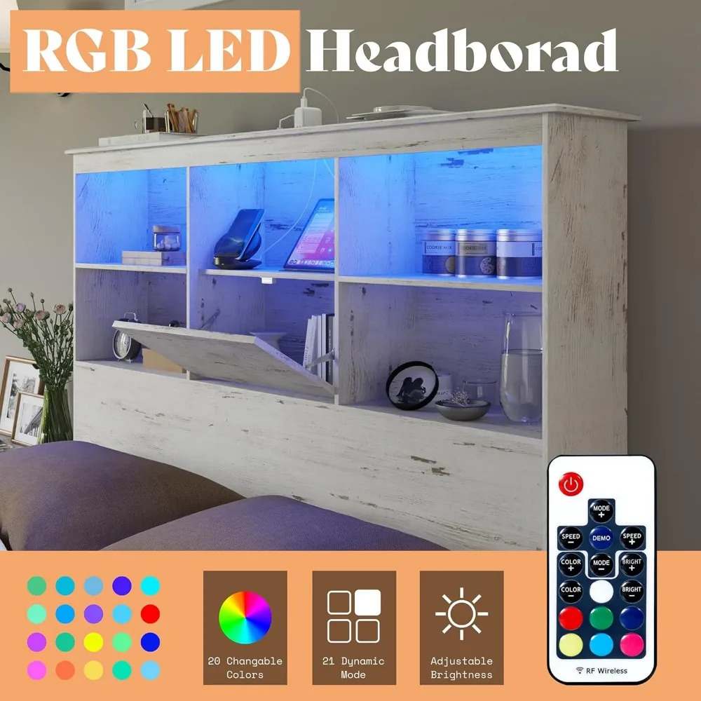 51.2" LED Storage Bookcase Headboard, 4 Storage Drawers & Charging Station/No Box Spring Needed/Noise Free, Bed Bases & Frames 4