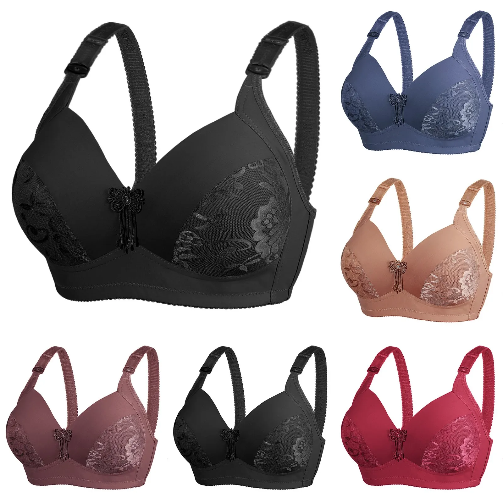 Women's Embroidery Underwear Bras Butterfly Appliques Adjustable Wide Straps Lingerie Push up Full Coverage Wireless Bustier