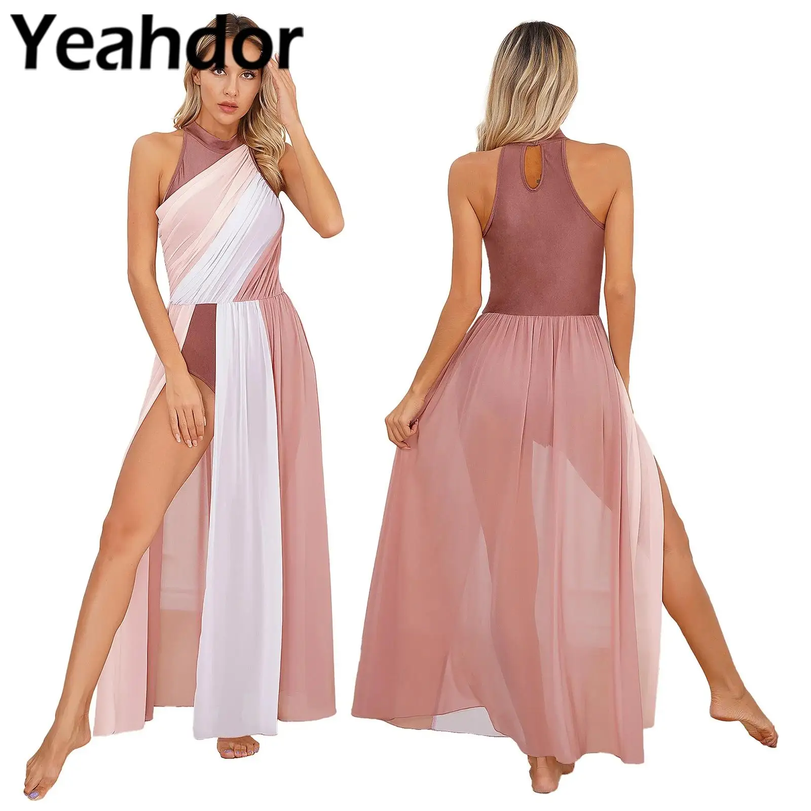 Womens Lyrical Dance Dress Ballet Gymnastics Leotard Sleeveless Split Sheer Dress Contemporary Skating Performance Dancewear