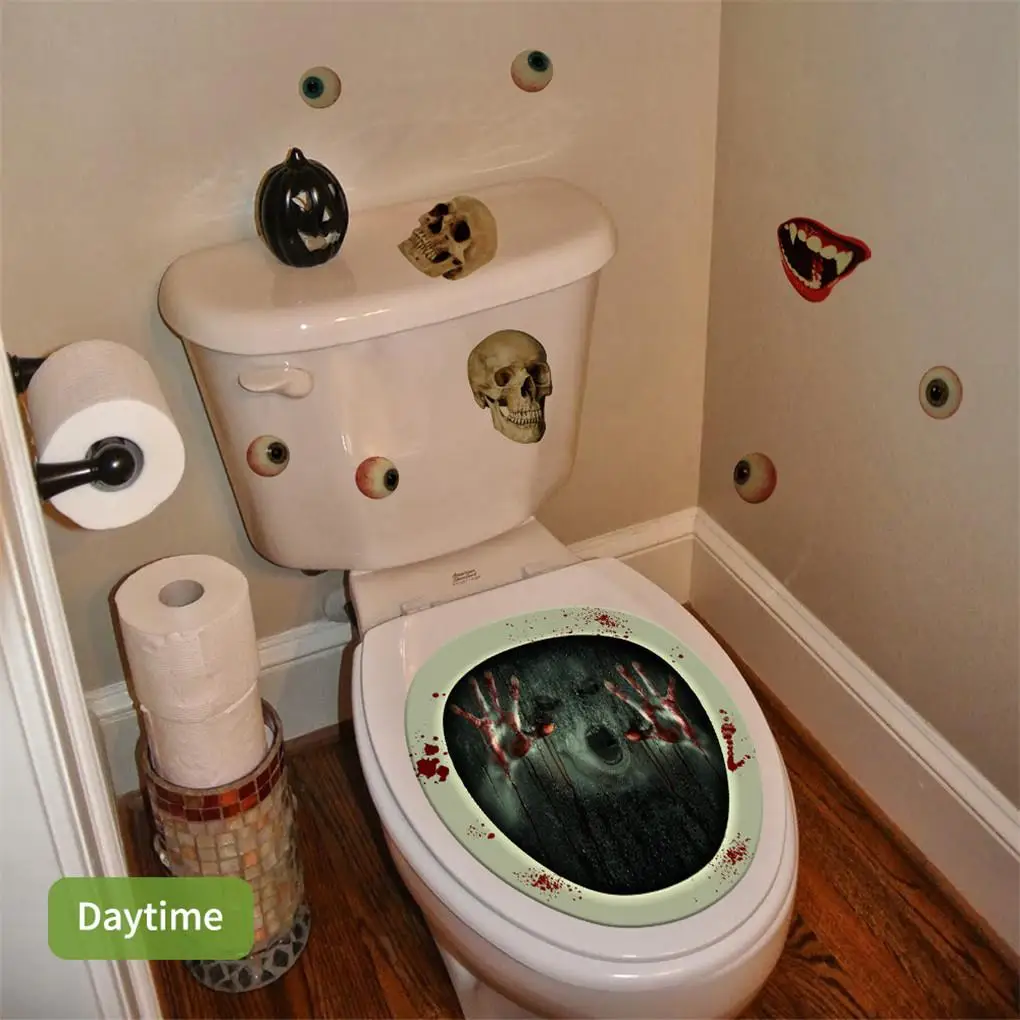 2Pcs Halloween Luminous Toilet Lid Decals Scary Wall Stickers DIY Horror Bathroom Home Party Decor