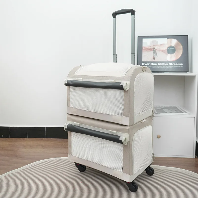 2-layer Design Cat Basket Breathable Comfortable Transport Case High Aesthetic Pet Trolley Box for Convenient Travel Pet Trolley