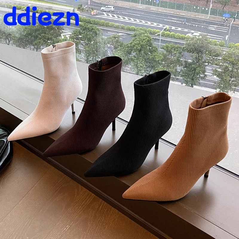 

Короткие женские современные эластичные ботинки на молнии, обувь с острым носком на тонком каблуке, женская обувь, эластичные ботильоны, обувь