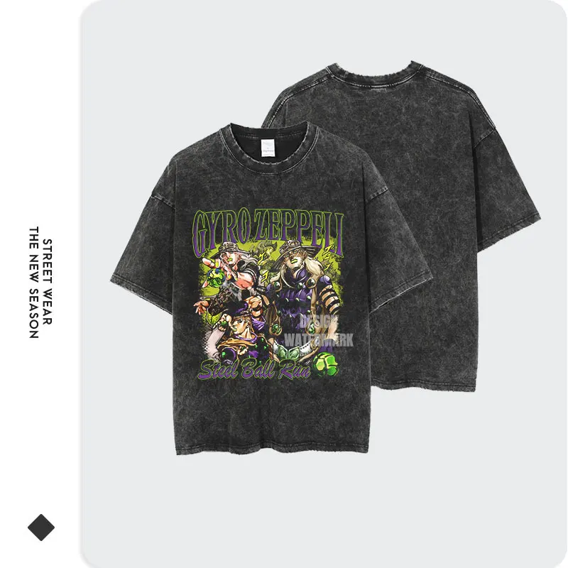 Vintage Washed JoJo's Steel Ball Run Streetwear T-Shirt - Anime Manga Gyro Zeppeli Design in Cotton