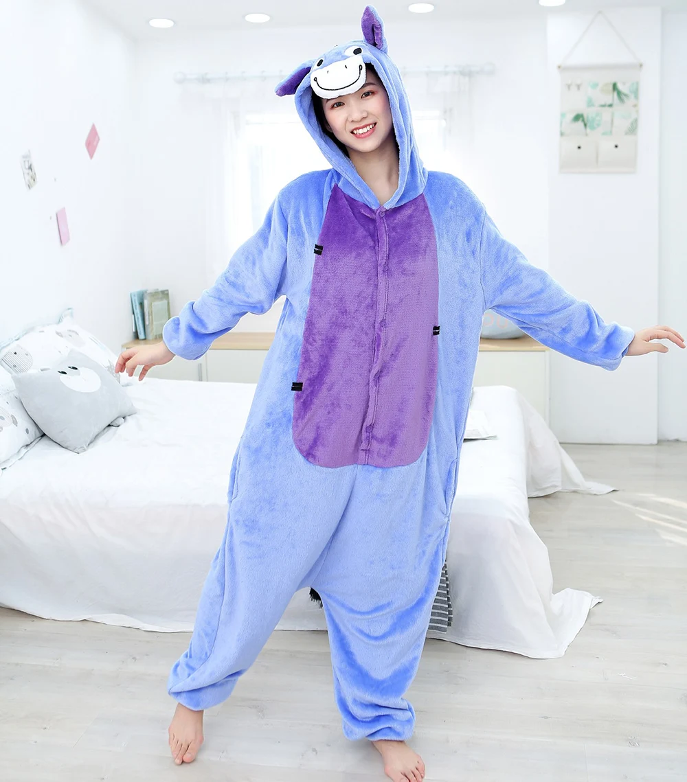 Kigurumi Animal Adults Flannel Onesies Women Men Donkey Cartoon Warm Sleepwear Anime Cosplay Costumes Jumpsuit Christmas Gift