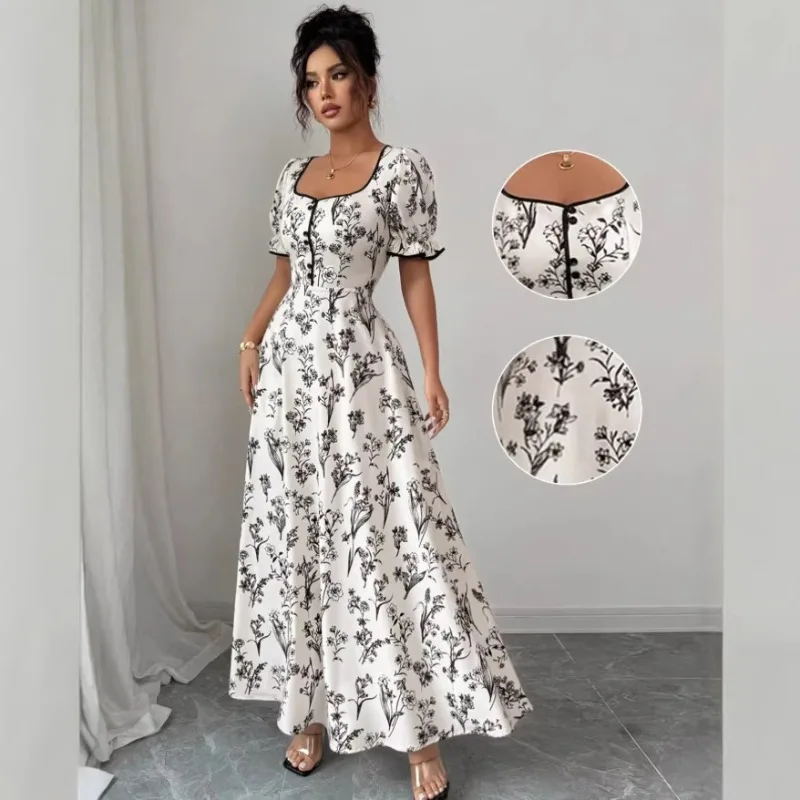 Elegante Abito Lungo da Sera con Stampa Floreale per Donna, Nuovo Stile Francese 2026, Maniche Corte a Sbuffo, Bordo con Volant, Vita Sottile