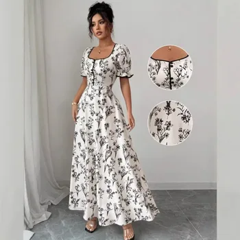 Elegante Abito Lungo da Sera con Stampa Floreale per Donna, Nuovo Stile Francese 2026, Maniche Corte a Sbuffo, Bordo con Volant, Vita Sottile