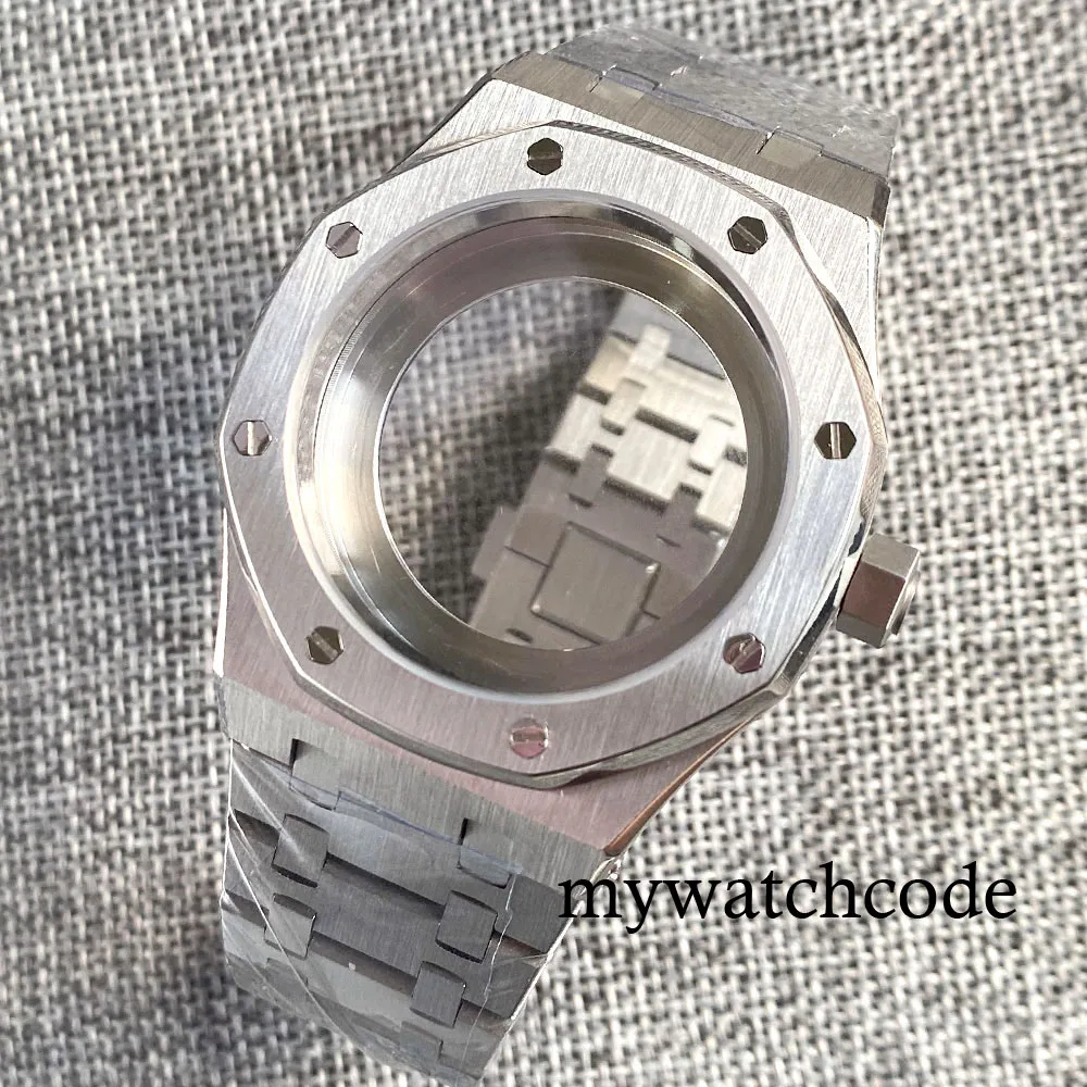 42mm Stainless Steel Octagonal Design Brushed Watch Case Bracelet Sapphire Glass Fit NH35 NH36 NH34 Movement Glass Caseback