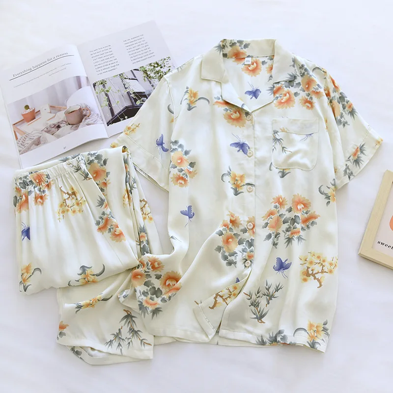 2024 Summer New Women's Pajama Set with Viscous Fiber Gongsatin Flower Printed Short Sleeve Long Pants Two piece Home Fury Set