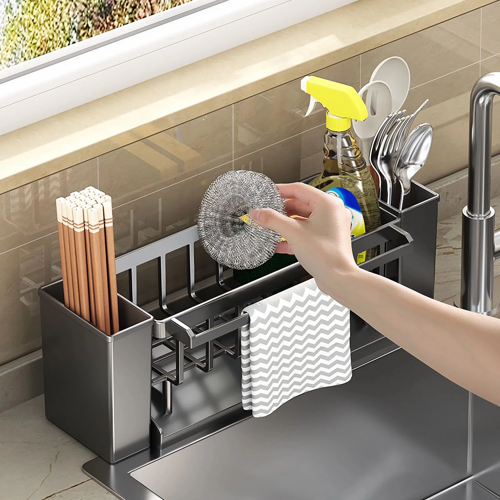 Kitchen Sink Organiser,Kitchen Sink Sponge Holder With Brush Holder,Rag Drain Rack,  Bathroom Organizer, Sink Faucet Sink Ra 2