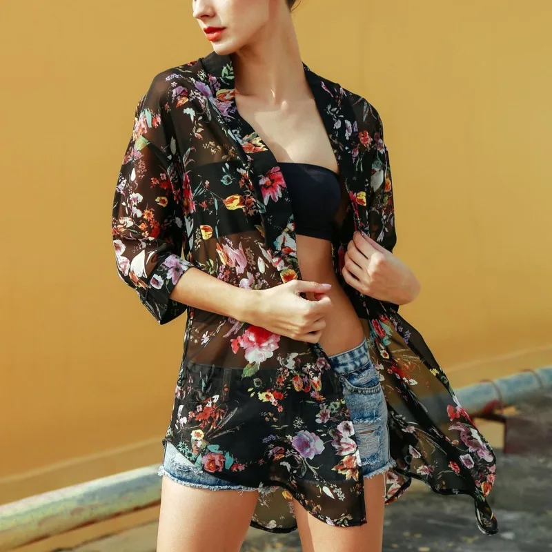 

Fashion Vintage Floral Cardigans Women's Summer Blouses Casual Long Kimono Cape Female Retro 3/4 Sleeve Blusas Loose Long Shirt