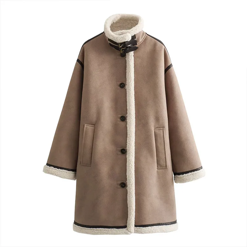 

Winter Women's Coat Reversible Overcoat Platoon Style Long Biker Jacket 2023 Casual Single Breasted Loose Jacket Warm Outwear