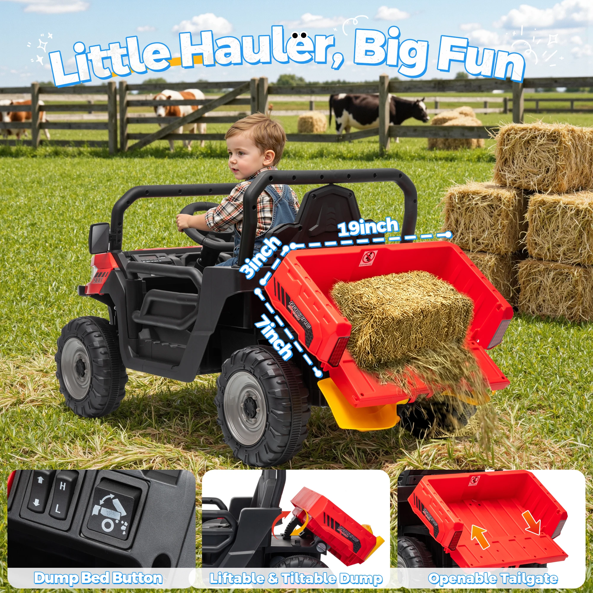 12 Volt Ride on Toys, Electric Truck for Toddler, Holiday Gift with Dump Bed, Remote Control, Music,Shovel 4