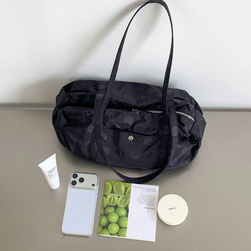 Nuova Borsa a Spalla Plissettata a Pois Stile Coreano, Leggera in Tela, Grande Capacità, Casual e alla Moda - immagine 4
