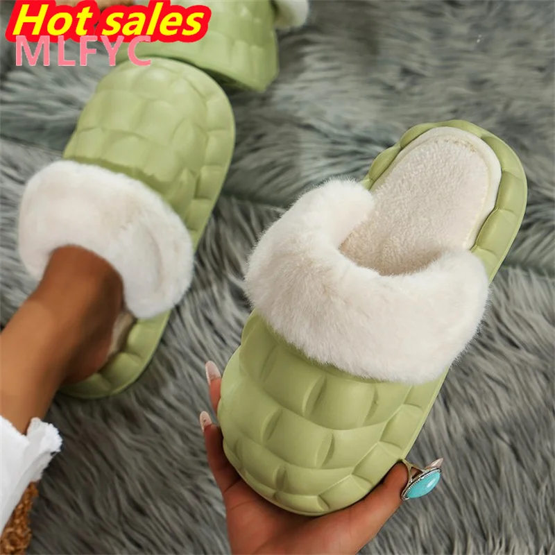 

Cotton slippers for women in autumn and winter, net red, home thick sole, anti slip and warm plush slippers grid