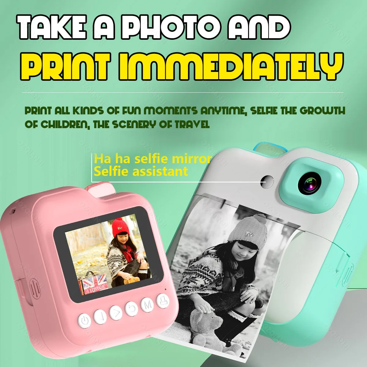 57x25mm Thermal Photo Printer Children's Digital Camera Instant Video & Lanyard, 3Rolls Paper Support Funprint app