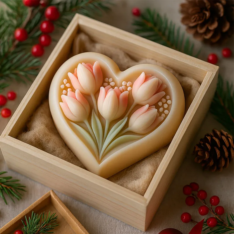 3D heart-shaped tulip silicone mold with clear texture easy to clean and demould for handmade DIY soap decoration ornaments