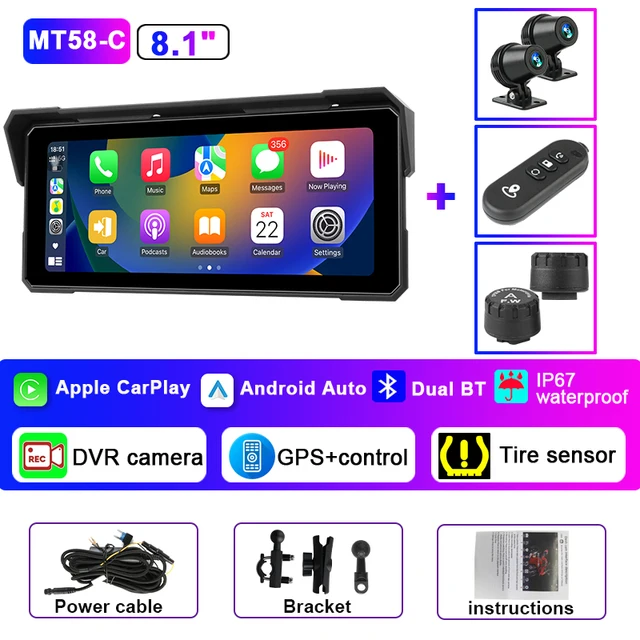 Jansite ポータブル 8.1 インチ IP67 防水オートバイ 4K DVR GPS