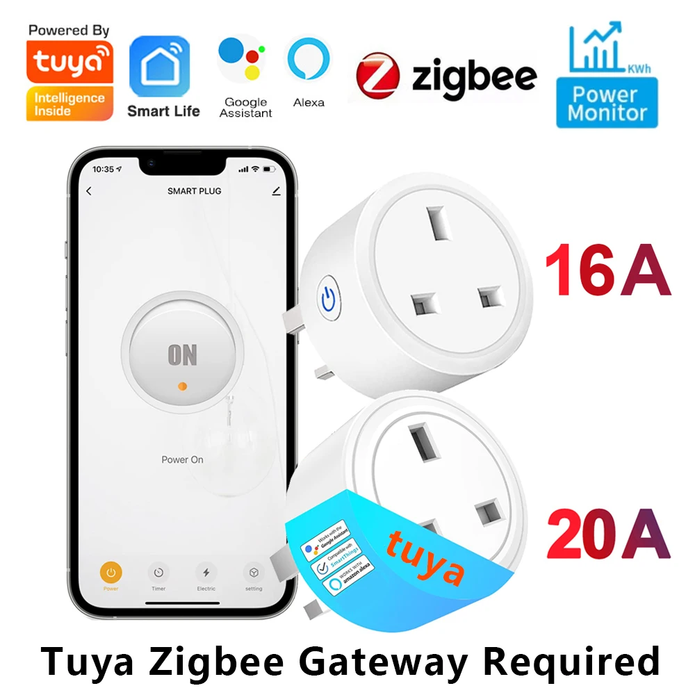 การรับรอง Tuya UK Zigbee Smart Plug 20A/16A ซ็อกเก็ตอัจฉริยะพร้อมการตรวจสอบพลังงาน Smart Life App ทํางานร่วมกับ Alexa Google Home 1