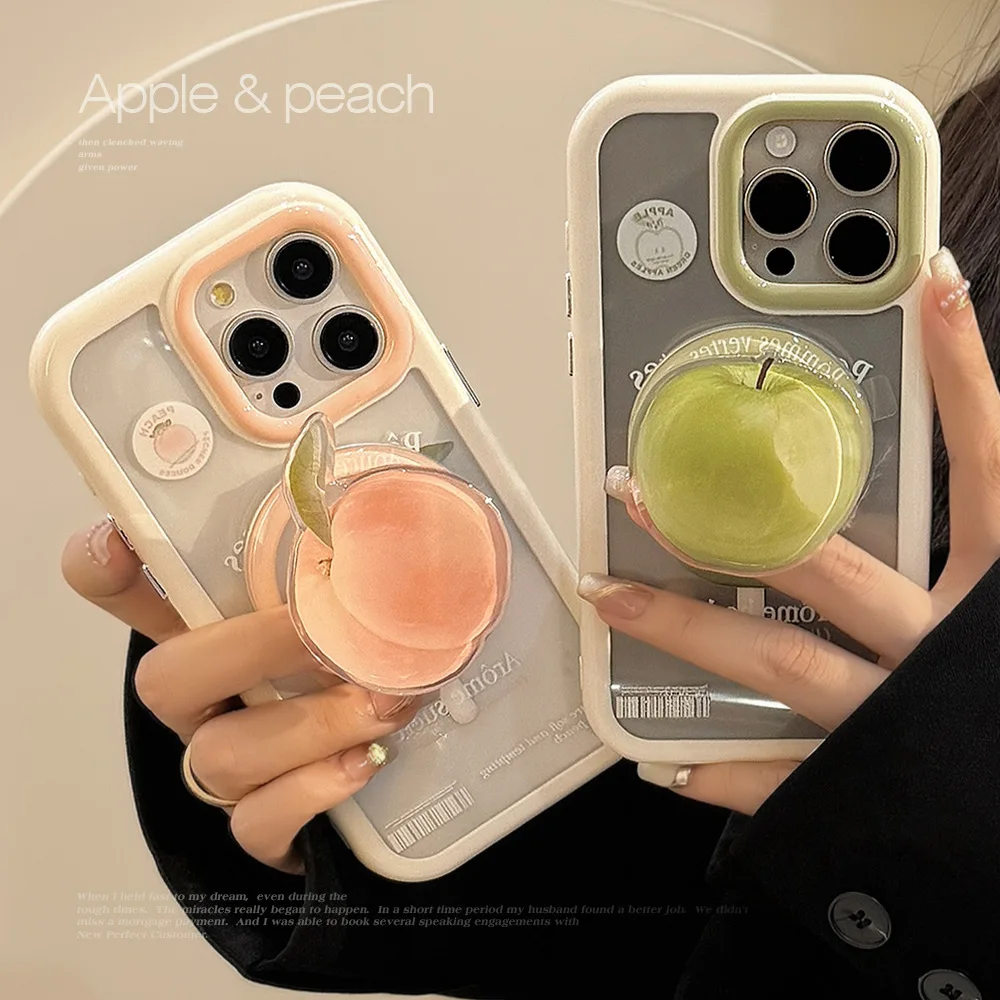 Korean Cartoon Green Apple Peach Magnetic Phone Case - Clear Shockproof Cover