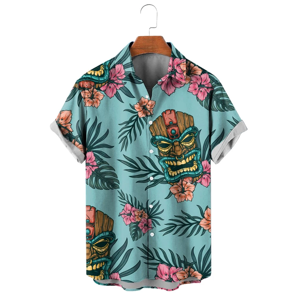 

HX Men's Shirts Hawaiian Mask Leaves Flowers Art Shirt Polynesia Graphic Tropical Beach Tops Men Clothing Ropa Hombre