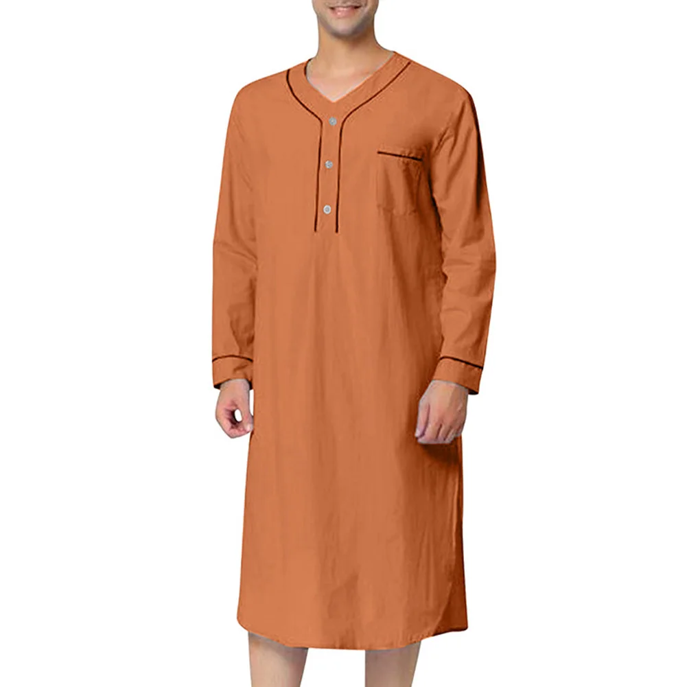 Men Muslim Clothing Long Sleeve Jubba Saudi Arab Long Kaftan Solid Loose Robe Casual Breathable Nightwear Summer Homewear