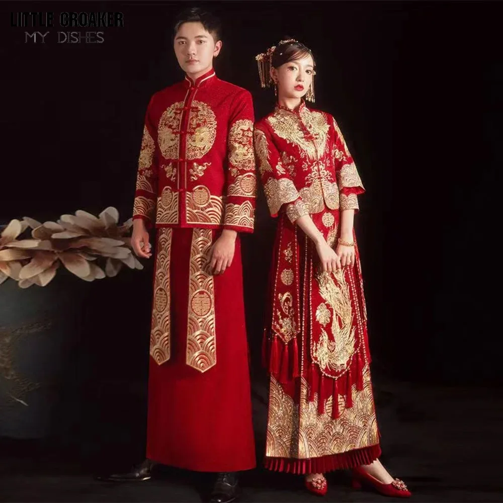 

Китайское традиционное свадебное платье, вышивка для невесты, чонсам, одежда с Фениксом, вышивка, Ципао, Золотое Платье