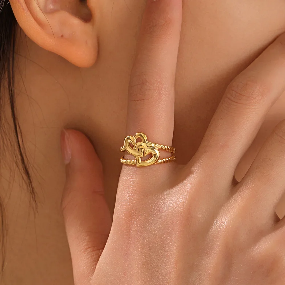 Stainless Steel Gold Color Hug Love Heart Open Rings for Women Female Sweet Adjustable Finger Ring Wedding Jewelry Party Gift