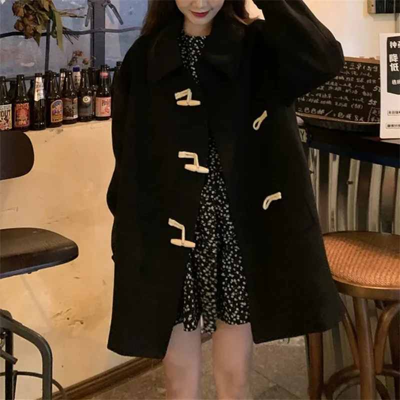 Autumn And Female Winter New Korean Version Loose Temperament Horn Button Woolen Coat Small Medium Long Bblack Woolen Coat Women