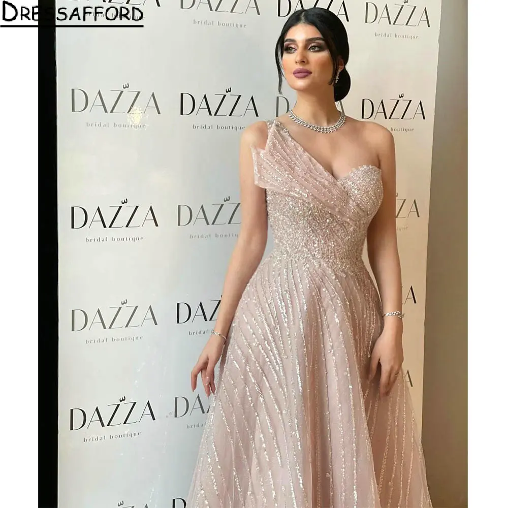 BlushPinkBeadingCrystalDubaiEveningDressesALineOneShoulder