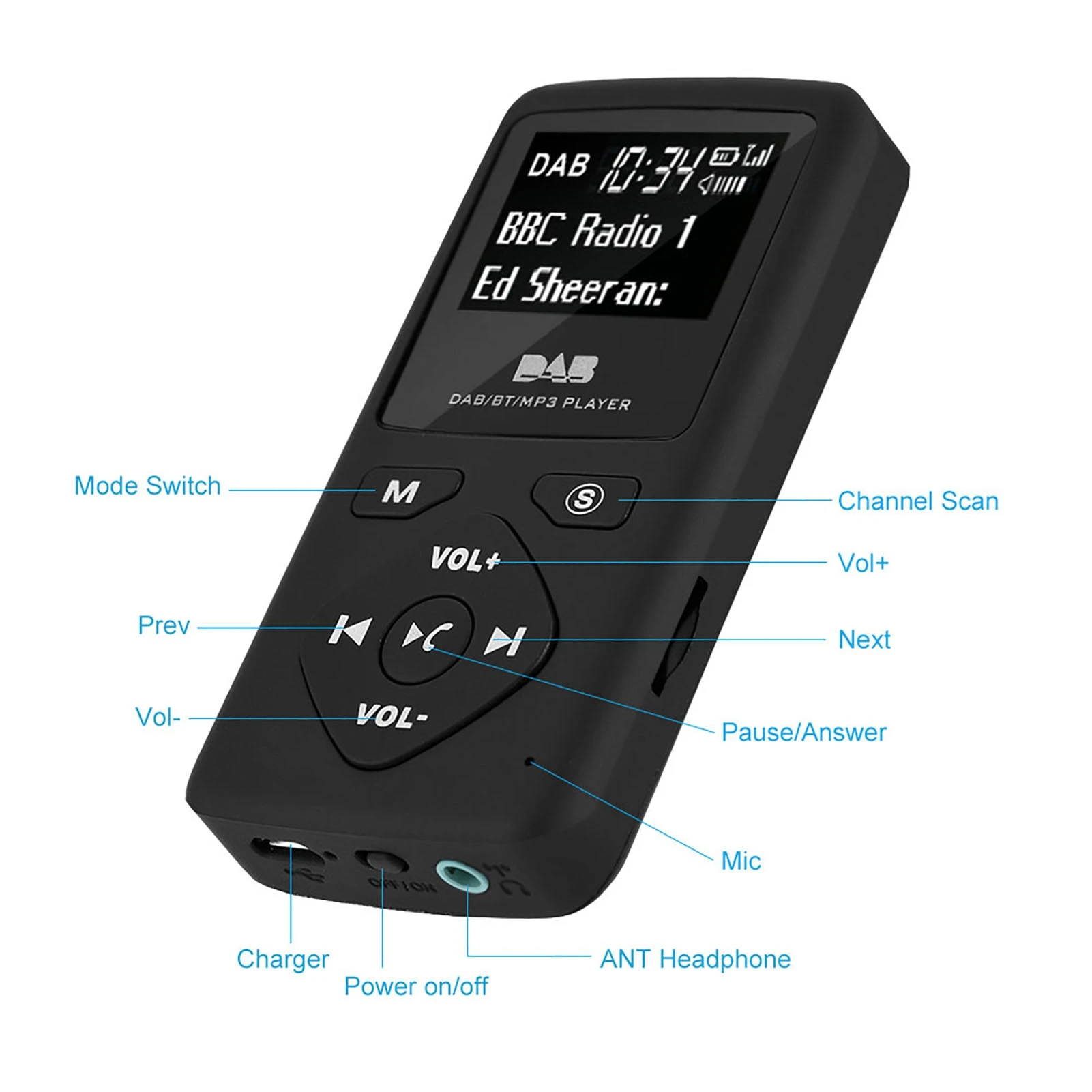 Receptor de radio digital de bolsillo portátil DAB/DAB+ Reproductor MP3 Bluetooth con auricular