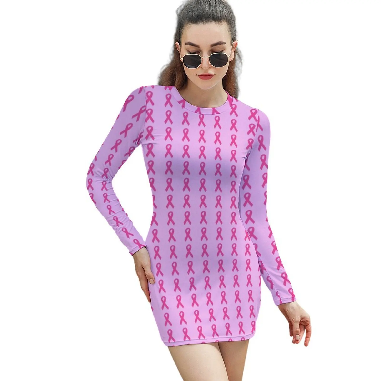 

Dark Pink Ribbons on Light Pink Long-Sleeved Sheath Dress Women's dresses prom clothes birthday dress for women dresses summer