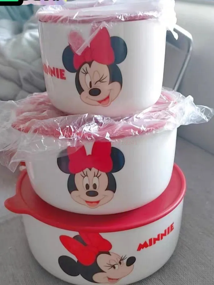Disney Ceramic Bowl With Lid Microwave Oven Bowl 3 Pcs Student Thicken Lunch Box