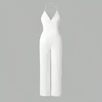 Women's Elegant Backless Satin Jumpsuit with Pearl Button Chain - Image 5