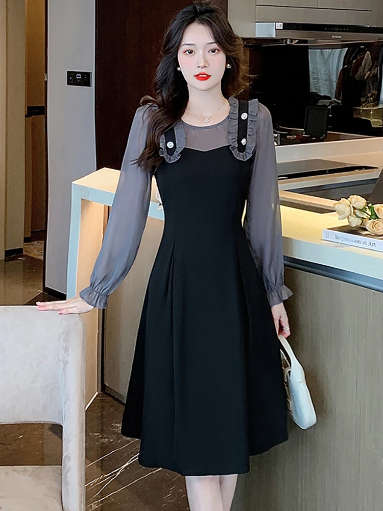 

Осенне-зимнее черное платье миди с имитацией двух частей, женское шикарное элегантное платье с оборками, корейское винтажное платье в стиле Хепберн, модель 2024 года