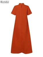 ZANZEA Summer High Collar Kleid Robes Casual Loose Party Long Dresses Women Short Sleeve Maxi Dress Elegant Solid 2023 Vestidos - Image 5