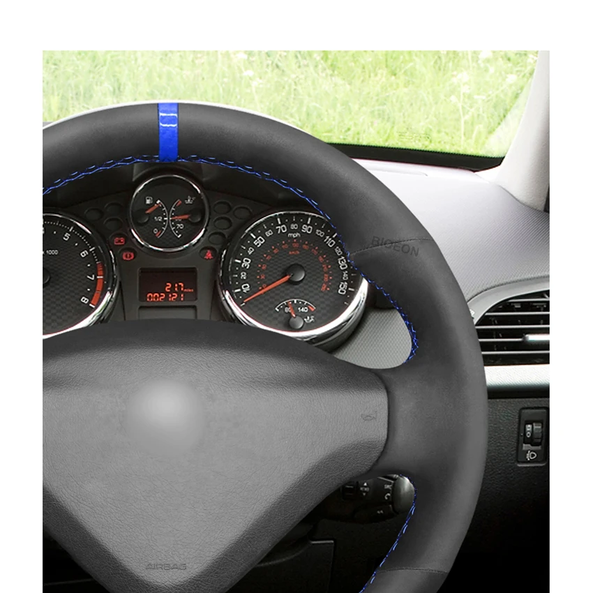 For Peugeot 206 HDi SW CC Black Real Genuine Leather Steering Wheel Cover