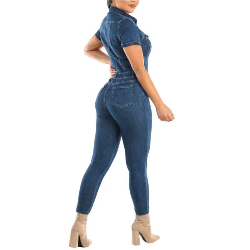 Summer Button Half-open Denim Jumpsuit Women's Lapel Short Sleeve One-piece Jackets Female Casual Slim Fit Rompers Pencil Jeans