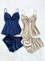 Summer Women's Sexy Solid Satin Pajama Set Top and Shorts soft and comfortable Four piece set - Image 2