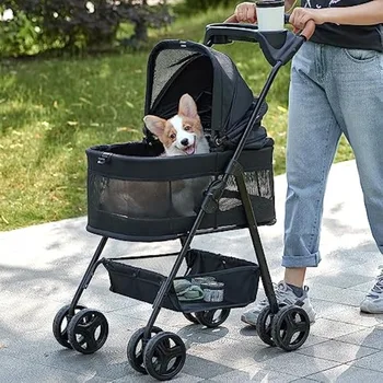 3 in 1 Folding Dog Stroller,Pet Folding Stroller,4 Wheels Dog/Cat Puppy Stroller w/Removable Travel Carrier for Small/Medium Pet 1